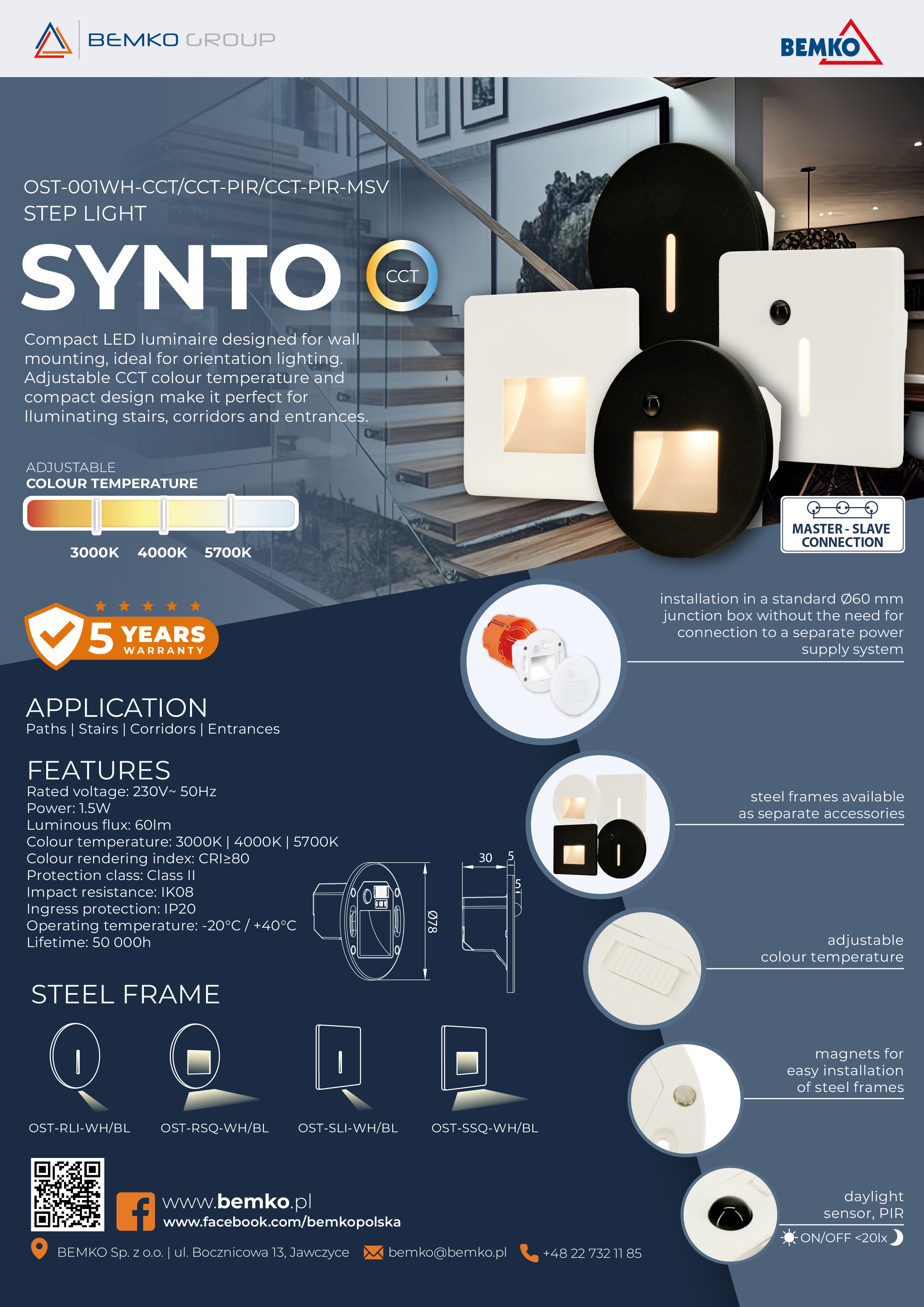 OST-001WH-CCT/CCT-PIR/CCT-PIR-MSV – SYNTO LED STEP LIGHT